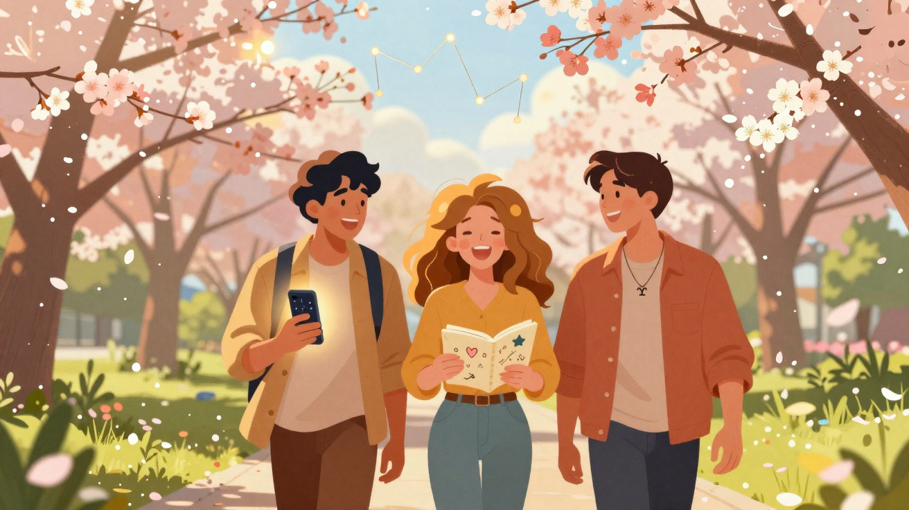 Três jovens caminhando em parque com árvores floridas, sorrindo e interagindo sob céu azul com constelação.