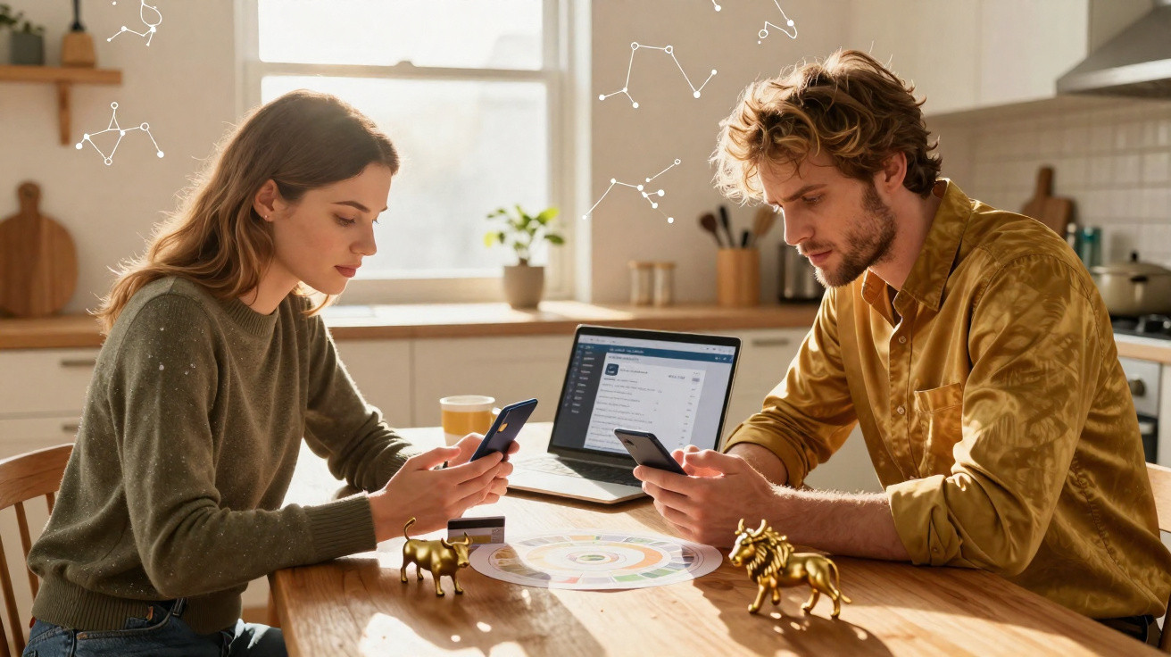 Casal sentado à mesa com celulares e laptop aberto em ambiente iluminado e decoração aconchegante.