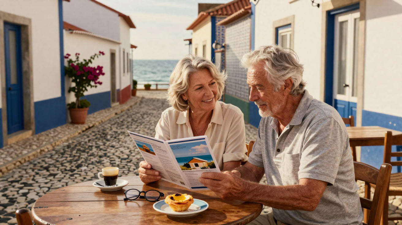 Casal idoso lendo folheto em cafeteria ao ar livre em rua de pedra com vista para o mar.