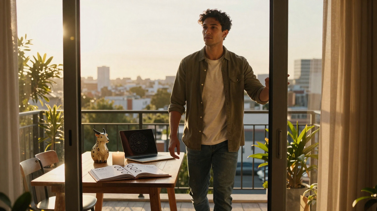 Homem jovem entra em apartamento com mesa, livro e laptop, vista de cidade ao fundo e luz do pôr do sol.