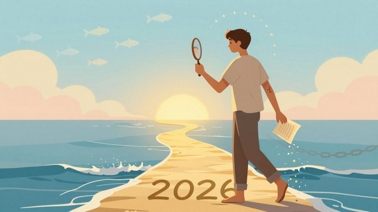 Pessoa caminhando em um caminho iluminado no mar rumo ao ano 2026, segurando uma lupa e um papel.