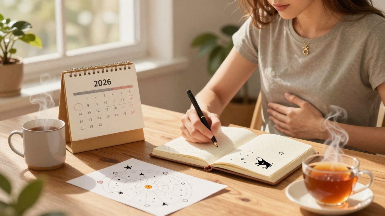 Mulher escrevendo em diário com calendário, mapa astral e xícaras de chá na mesa iluminada pela luz natural.