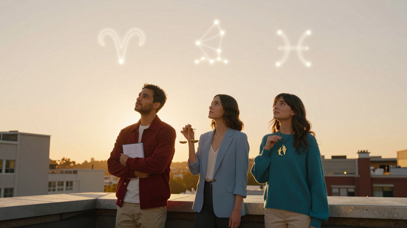 Três pessoas observam o céu ao pôr do sol, com signos do zodíaco brilhando ao fundo.