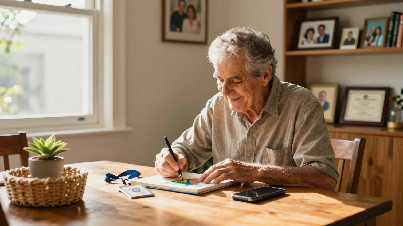 Idoso sentado à mesa desenhando em um caderno, com crachá e celular ao lado, em ambiente acolhedor.