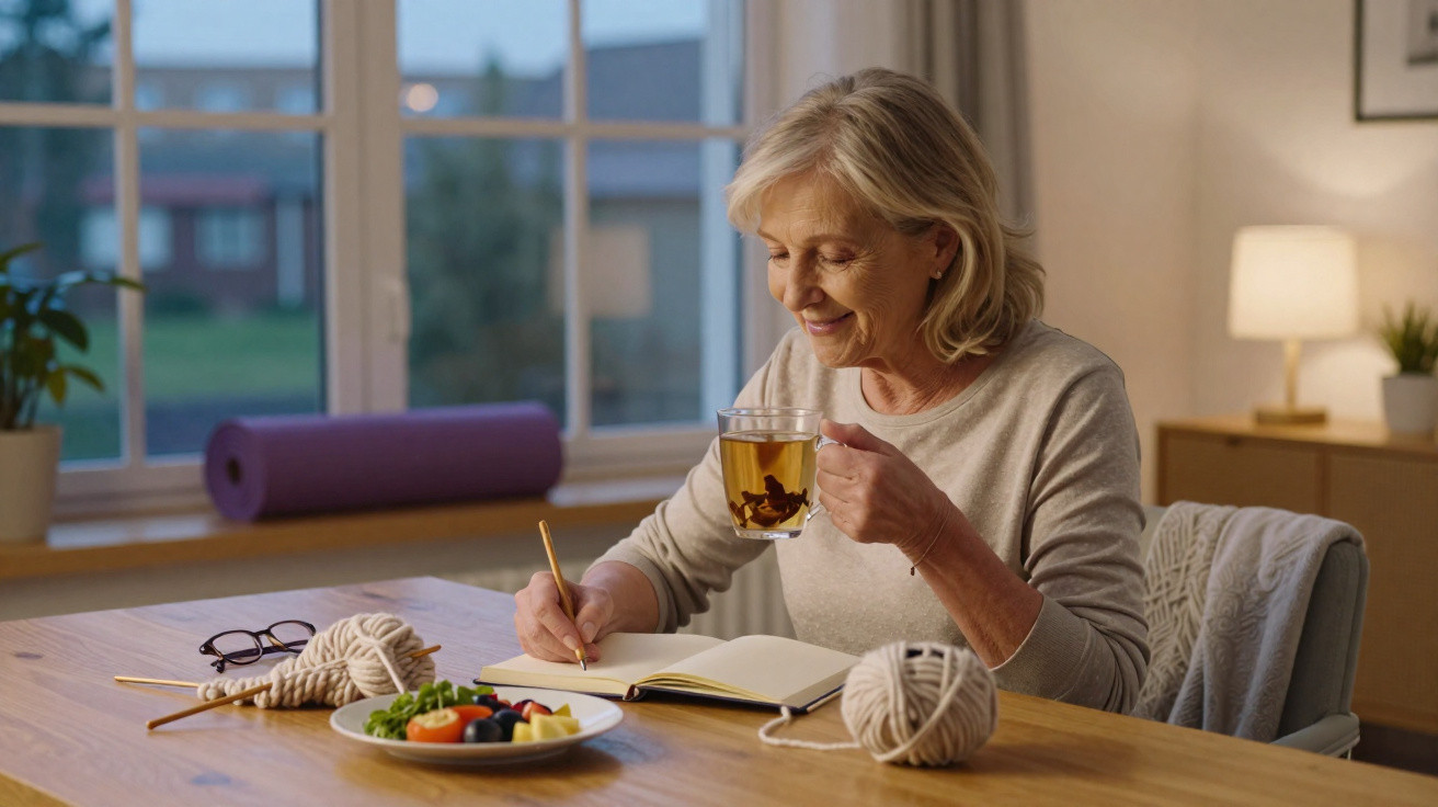 Mulher sorridente escrevendo em caderno e tomando chá sentada à mesa com frutas e novelos de lã.