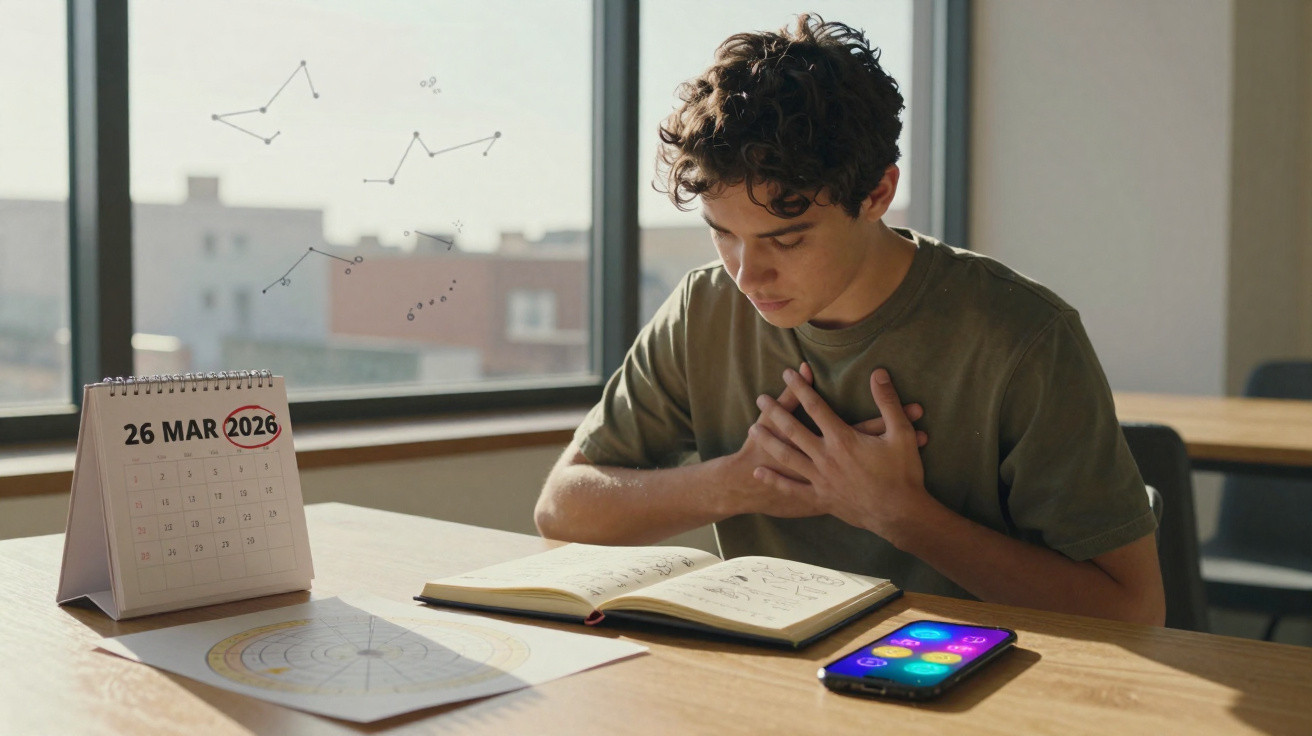 Jovem sentado à mesa segurando o peito, com calendário, celular e caderno aberto à sua frente.