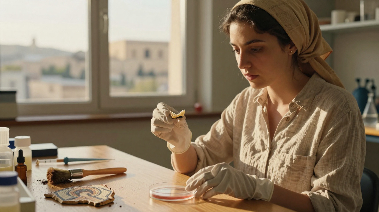 Mulher usando luvas e lenço na cabeça examina artefato arqueológico em laboratório com janela ao fundo.
