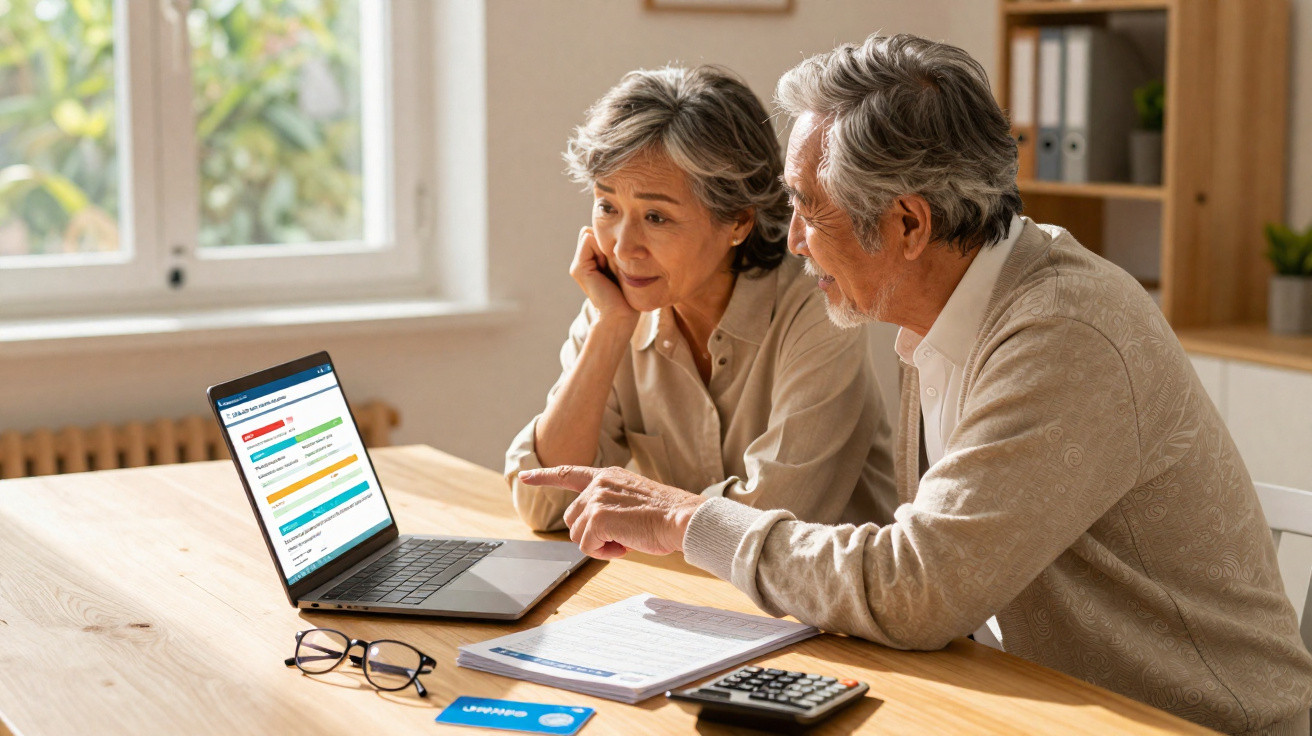 Casal de idosos sentado à mesa analisando informações financeiras em um laptop, com calculadora e óculos.