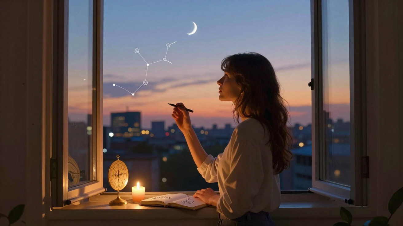 Mulher desenhando constelações no vidro da janela ao pôr do sol, com vela acesa e caderno aberto.