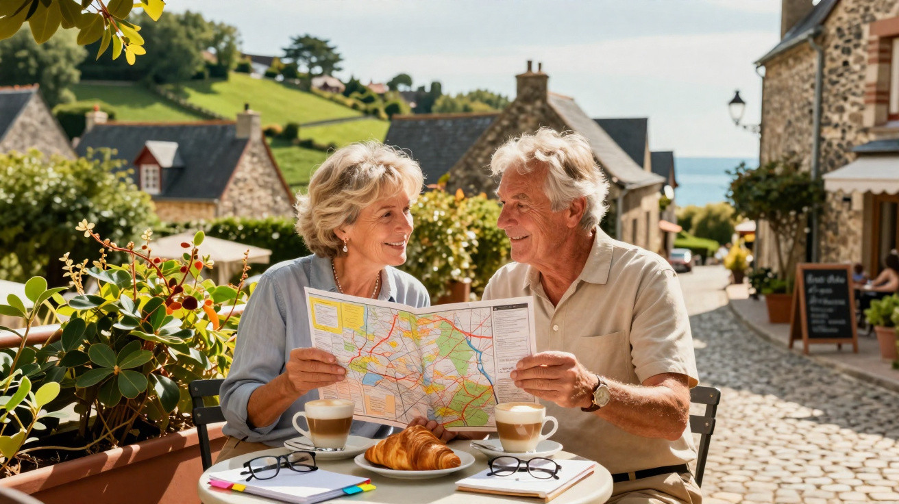 Casal idoso sorrindo e segurando mapa sentado em café ao ar livre com croissant e cafés na mesa.