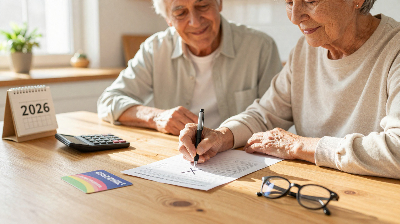 Casal idoso assinando documento em mesa de madeira com calendário de 2026 e calculadora ao lado.