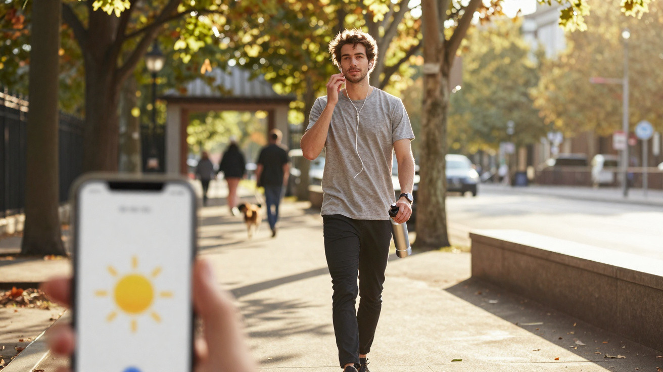 Homem jovem caminhando em parque urbano com árvore ao fundo, usando fones de ouvido e segurando garrafa.
