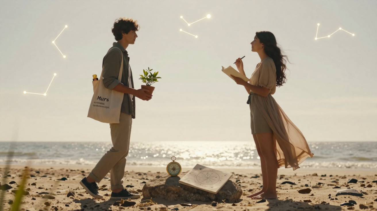 Dois jovens conversam na praia ao pôr do sol, com constelações brilhando no céu e objetos sobre pedras.