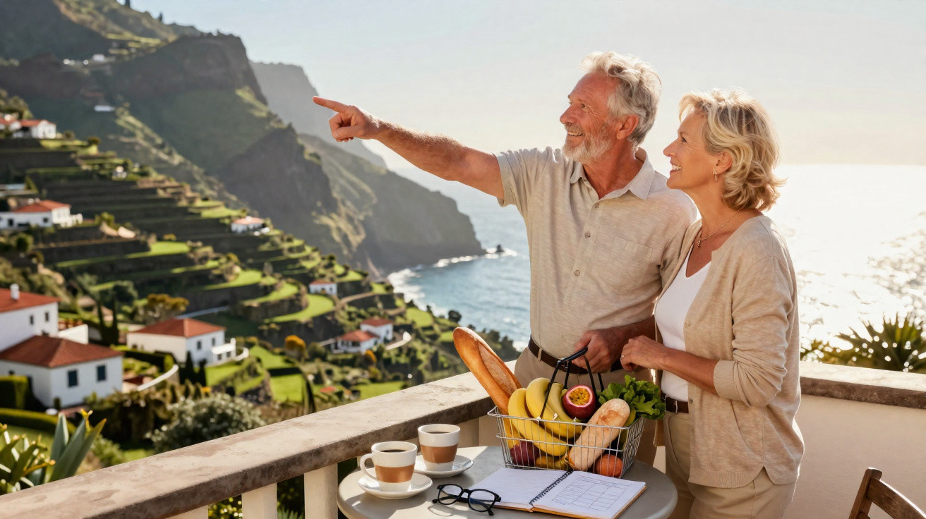 Casal idoso com cesta de frutas na varanda olhando para paisagem com mar e casas em encosta verde.