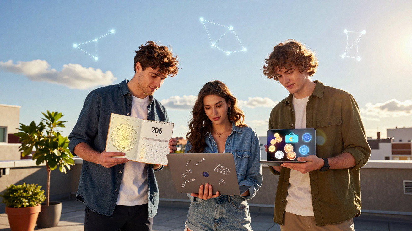 Três jovens usando laptops em área externa, com símbolos digitais e céu azul ao fundo.