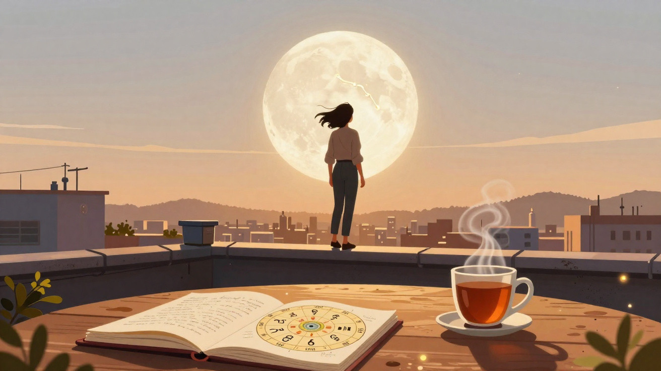 Mulher na beirada do telhado ao pôr do sol com lua cheia, chá quente e livro aberto com roda zodiacal.