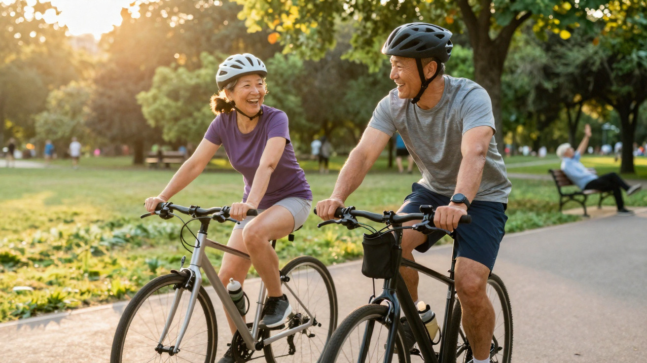 Casal adulto sorrindo e andando de bicicleta em parque ao entardecer com árvores ao fundo.