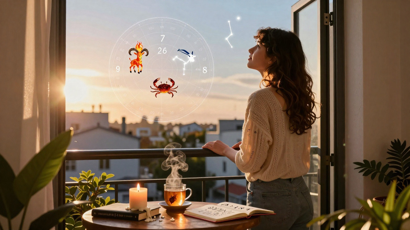 Mulher em varanda ao pôr do sol com elementos de signos zodiacais flutuando ao redor.