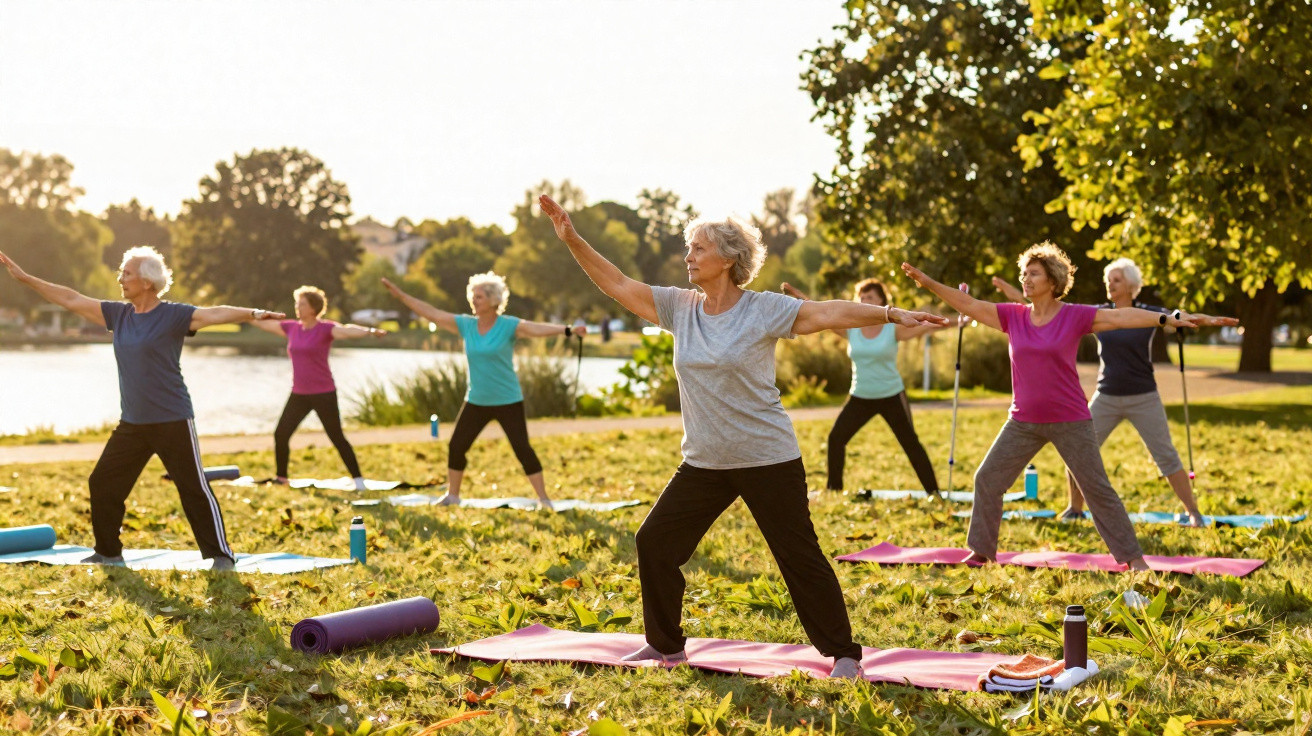 Grupo de mulheres idosas praticando yoga ao ar livre em parque ensolarado.