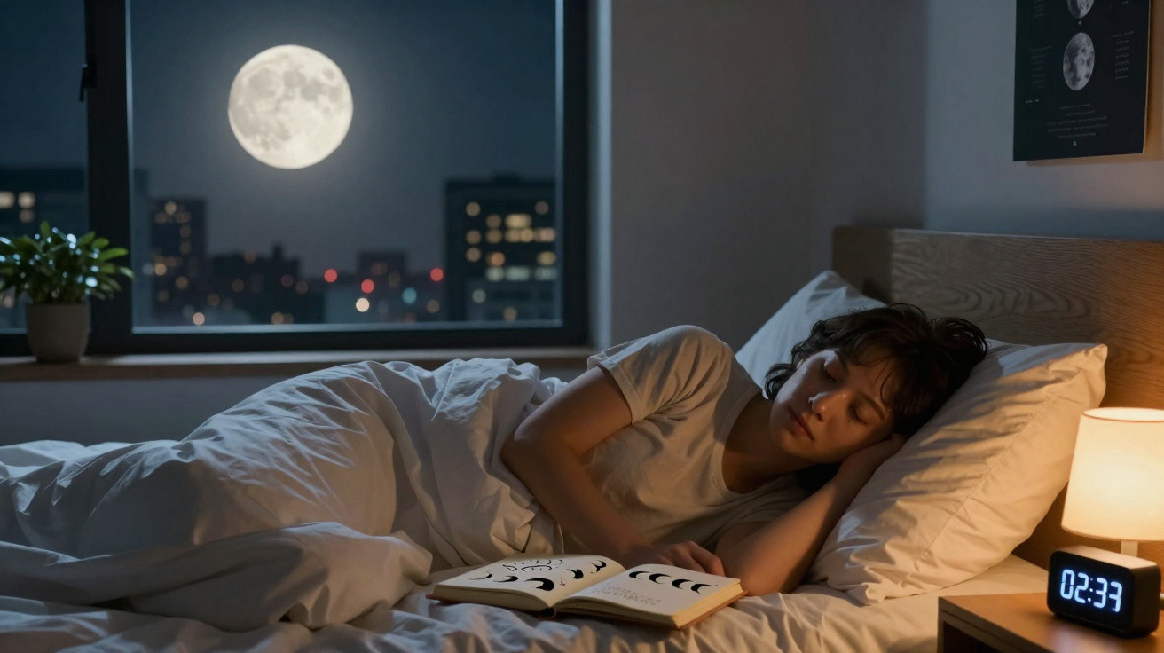 Pessoa dormindo na cama com livro aberto, janela com lua cheia e relógio marcando 2h33 da madrugada.