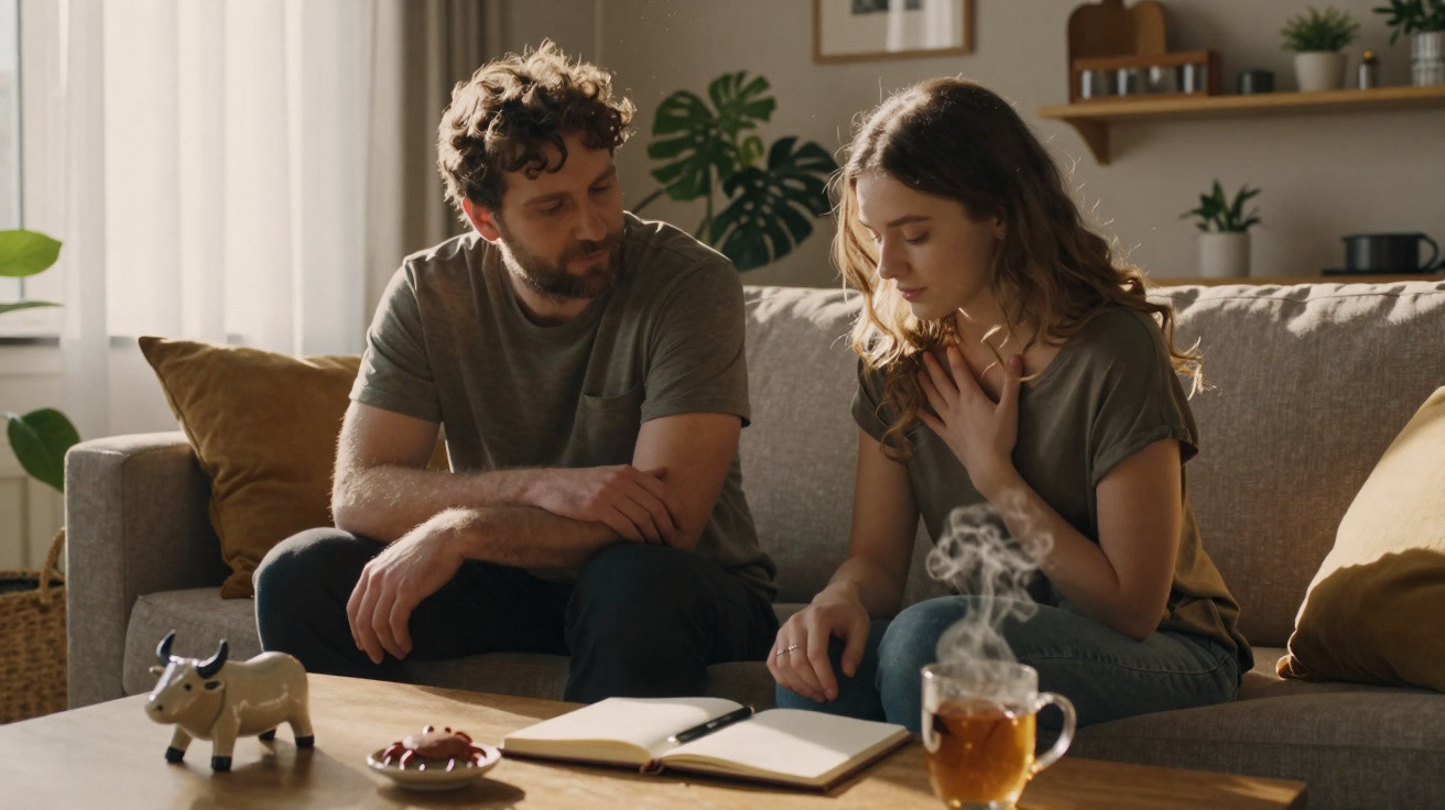 Casal sentado no sofá lendo um livro aberto à sua frente em uma sala aconchegante.