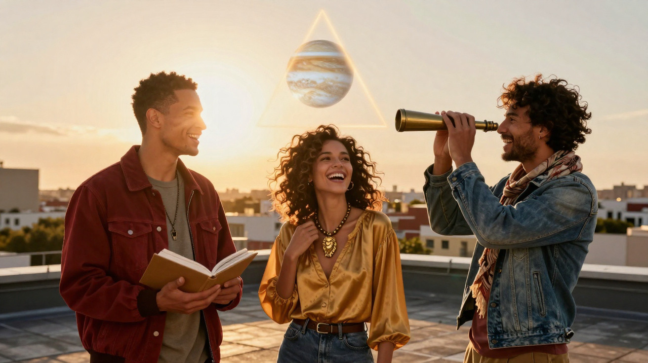Três jovens no terraço ao pôr do sol olhando para um planeta brilhante com um triângulo de luz.