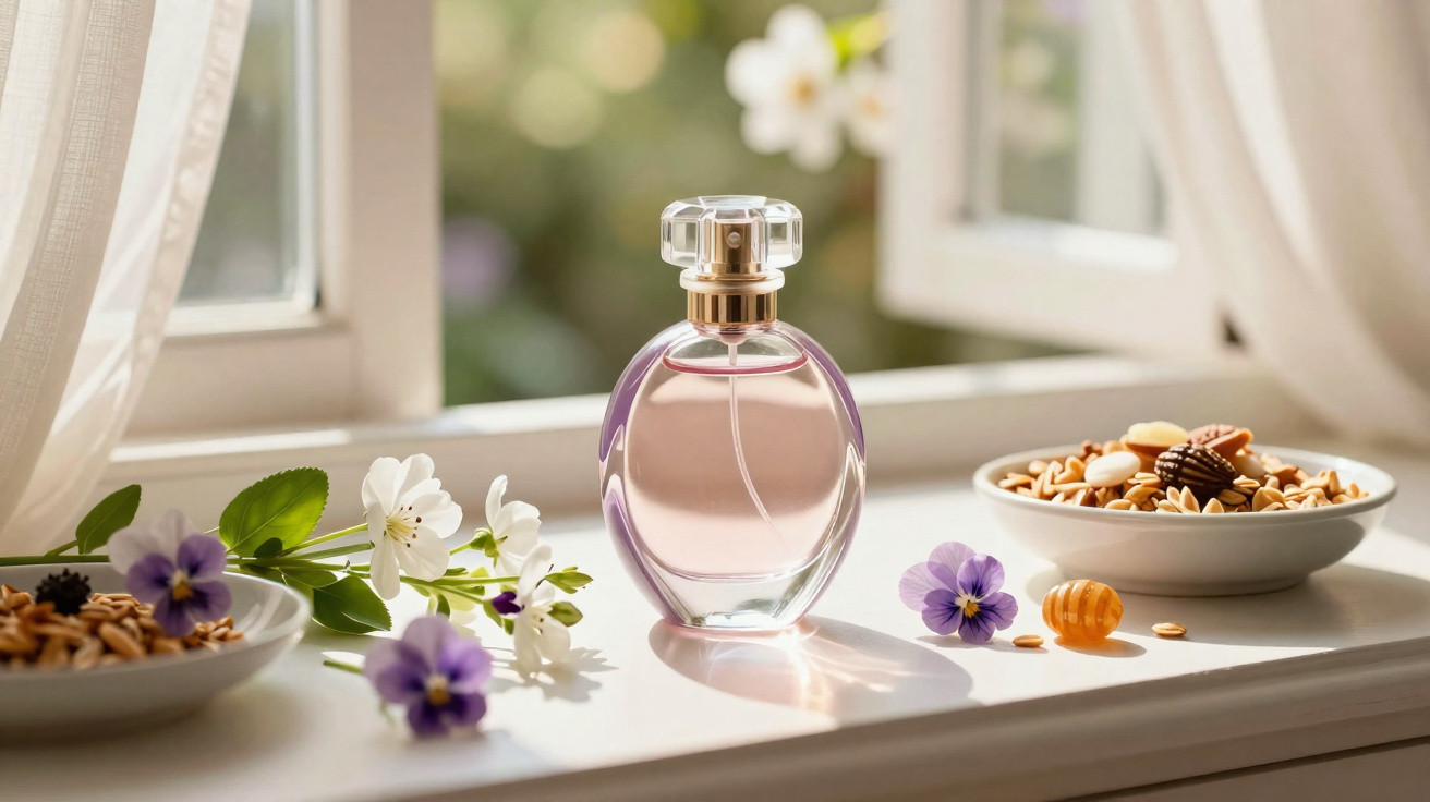 Frasco de perfume rosa claro decorado com flores brancas e roxas ao lado de potes com sementes na janela.