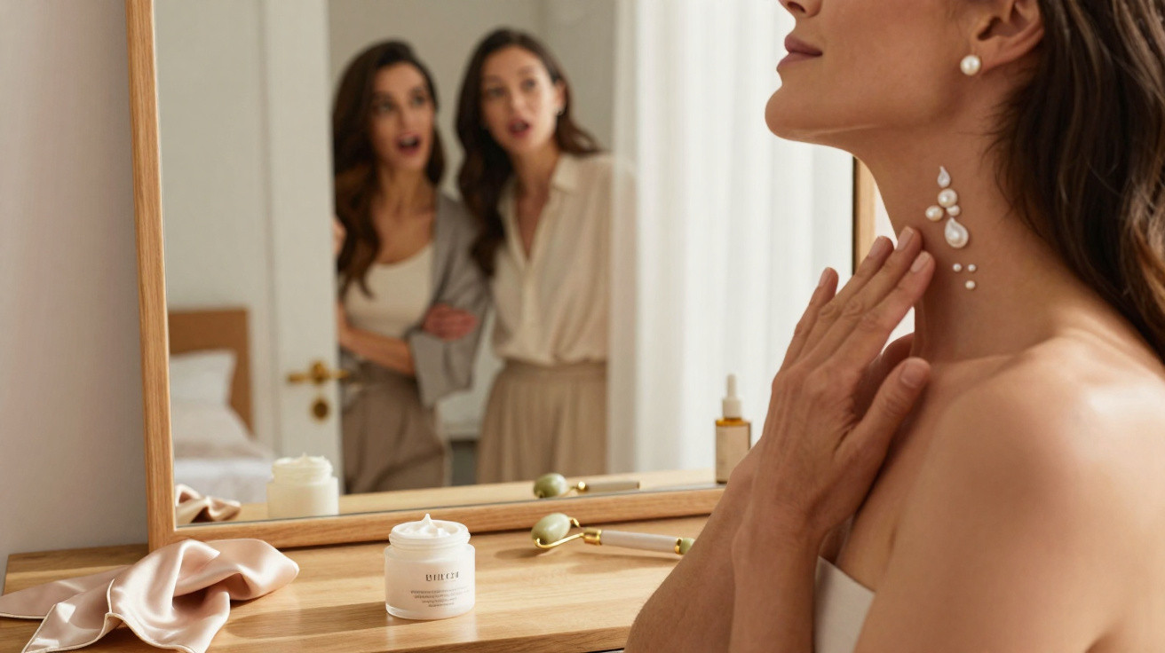 Mulher aplica creme no pescoço com pedras de massagem, enquanto outras duas a observam surpresas no espelho.