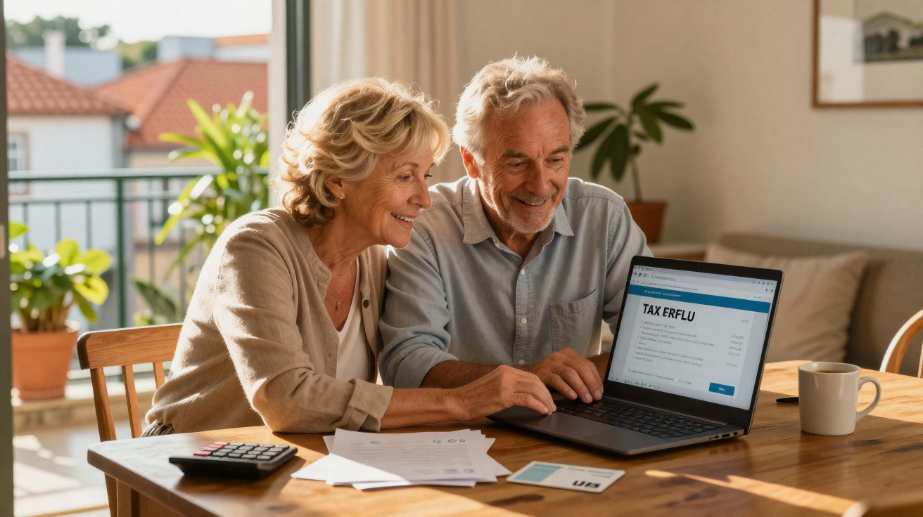 Casal idoso sentados à mesa usando laptop para fazer declaração de imposto de renda em casa.
