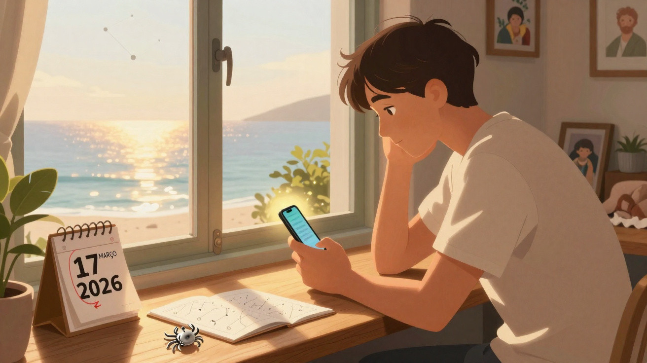 Jovem sentado em mesa com celular, calendário marcando 17 de março de 2026, vista do mar ao pôr do sol.