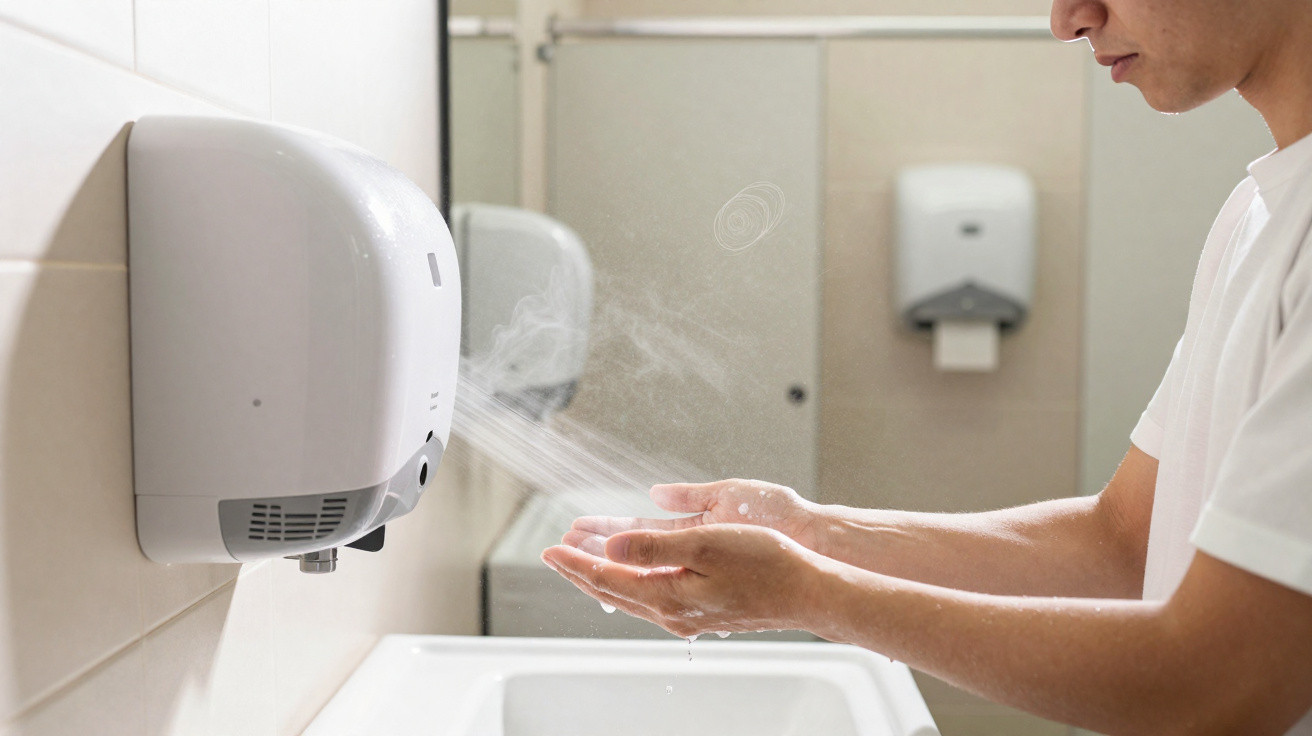 Pessoa secando as mãos molhadas em secador automático de mãos em banheiro público.