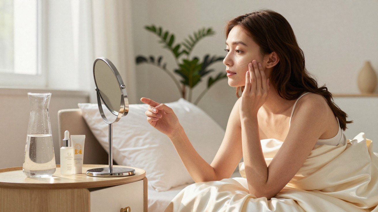 Mulher aplicando creme no rosto sentada na cama com espelho e produtos de skincare ao lado.