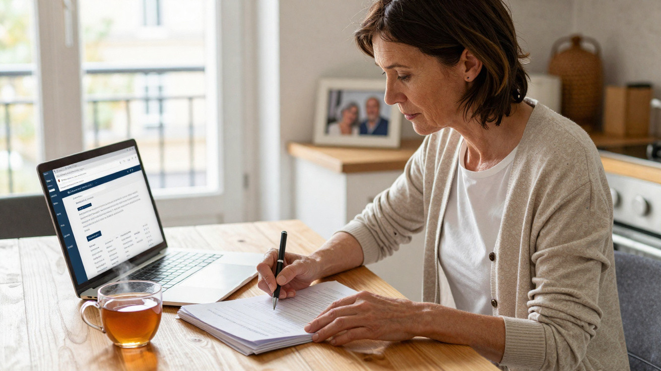Mulher sentada à mesa escrevendo em caderno com laptop aberto e xícara de chá ao lado, em ambiente doméstico.