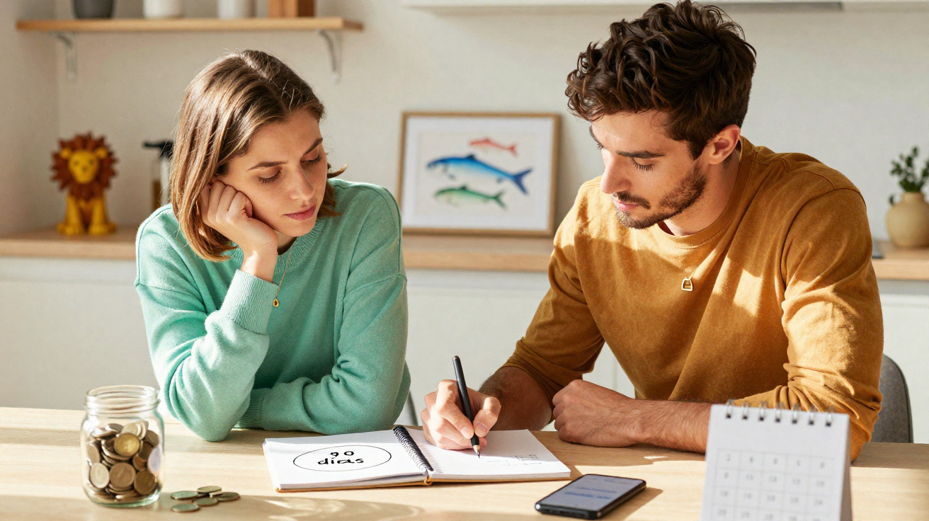 Casal jovem planejando finanças com caderno, moedas, celular e calendário sobre a mesa.