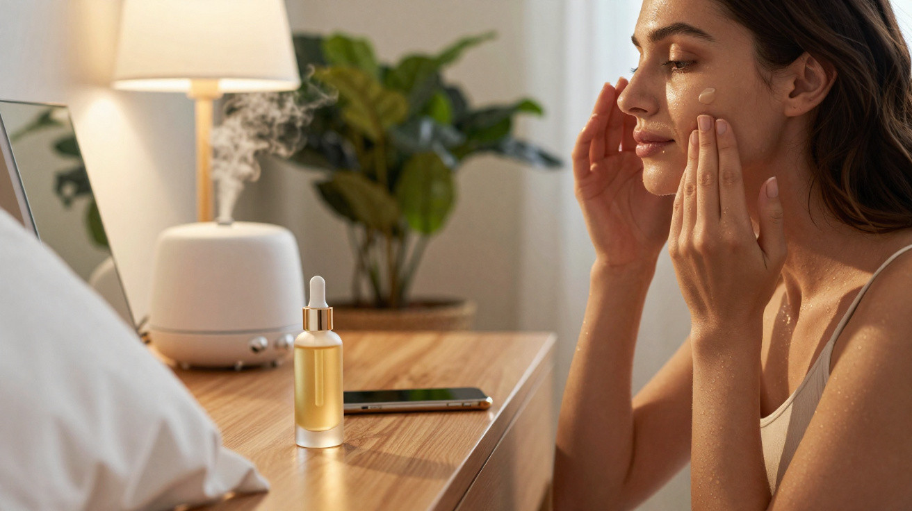 Mulher aplica creme facial ao lado de mesa com difusor, telefone e luminária em ambiente iluminado.