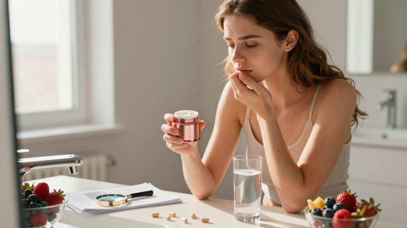 Mulher aplicando creme nos lábios, sentada à mesa com remédios, copo d’água e frutas frescas ao redor.