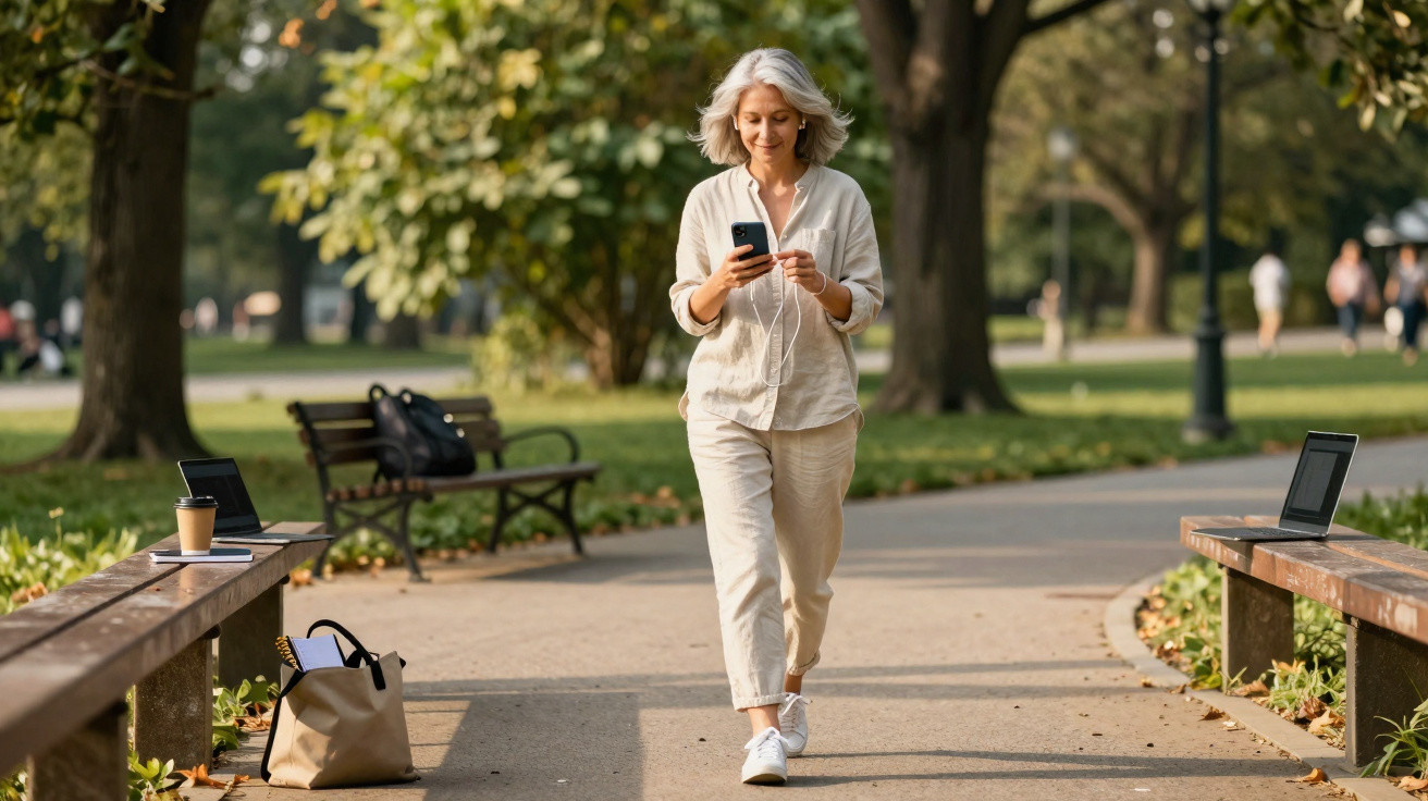 Mulher sorridente caminhando em parque enquanto usa smartphone com fones de ouvido brancos.