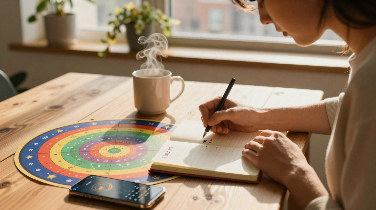 Pessoa escrevendo em agenda ao lado de celular, tabuleiro colorido e xícara com bebida quente em mesa de madeira.