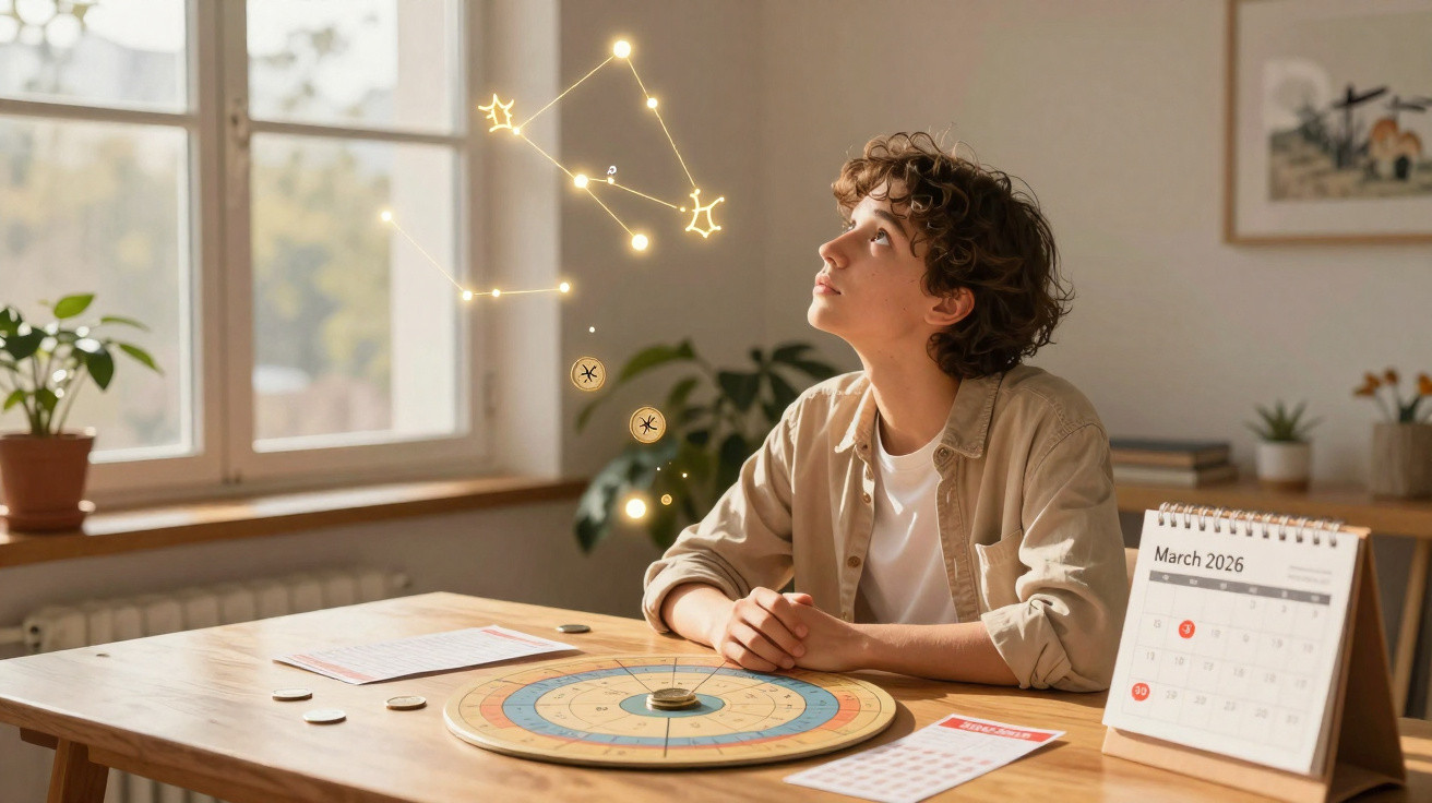 Jovem observando constelação virtual projetada enquanto estuda mapa astral em mesa com calendário.