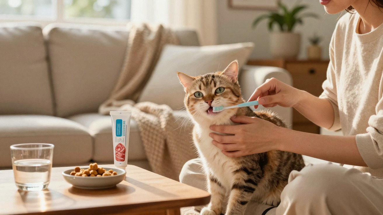 Pessoa escova os dentes de um gato com escova azul em sala de estar aconchegante.