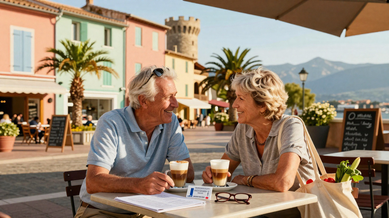Casal idoso feliz tomando café em cafeteria ao ar livre com buildings coloridas ao fundo.