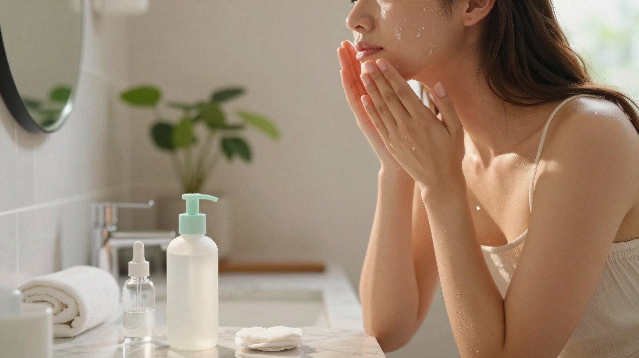 Mulher aplicando produto facial em frente ao espelho em banheiro com acessórios de cuidados com a pele.