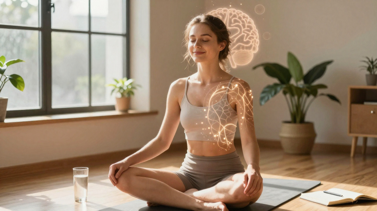 Mulher meditando em posição de lótus em ambiente iluminado com ilustrações digitais de cérebro e sistema nervoso.