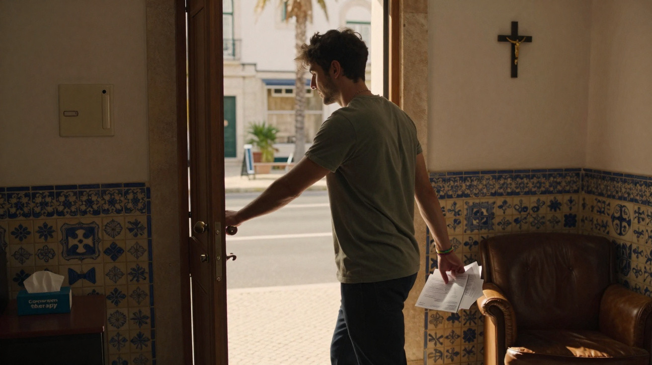 Homem abre porta de entrada segurando documentos em ambiente com azulejos decorativos azuis.