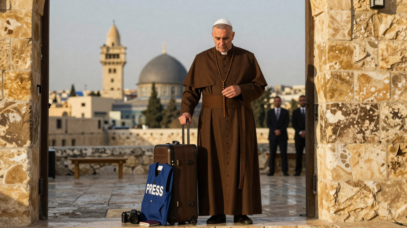 Homem vestido de religioso com mala, colete de imprensa e câmera, em portal com vista para Jerusalém.