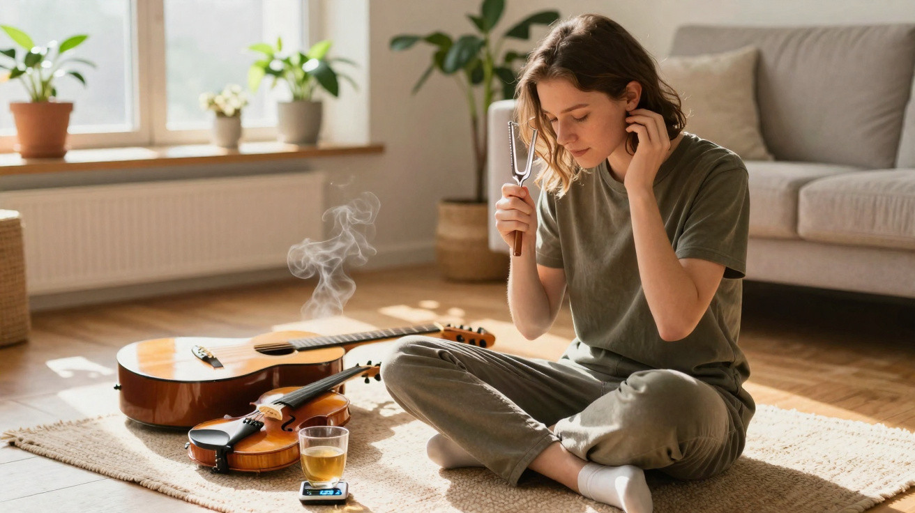 Mulher sentada no chão com diapasão, violino, violão e chá em ambiente iluminado pela luz natural.