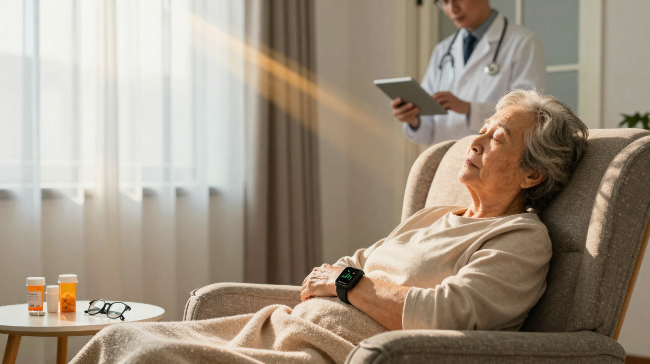 Paciente idosa descansando em poltrona com luz solar, enquanto médico consulta tablet ao fundo.