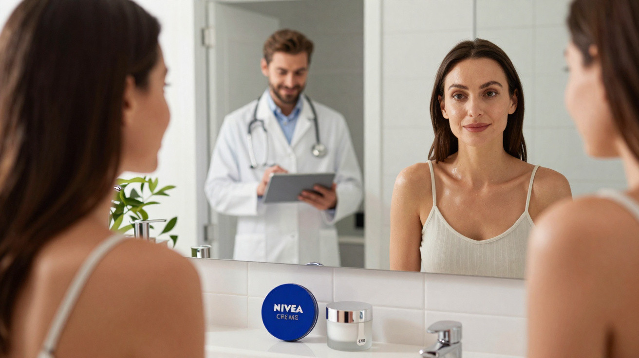Mulher olhando no espelho com creme Nivea no balcão e médico ao fundo anotando em prancheta.