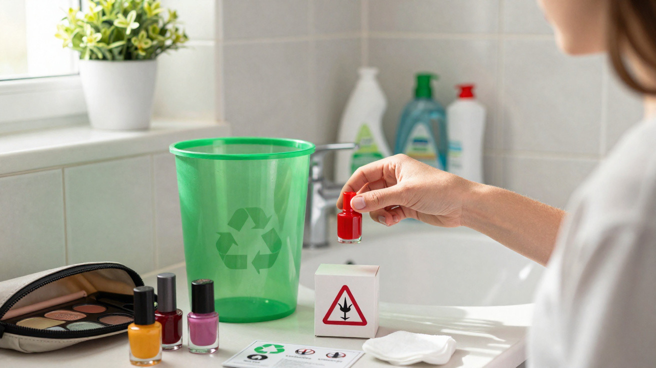 Pessoa descartando frasco de esmalte com símbolo de toxicidade em lixo reciclável verde.