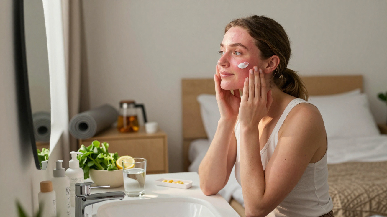 Mulher sorridente aplica creme facial ao se olhar no espelho em banheiro iluminado natural.